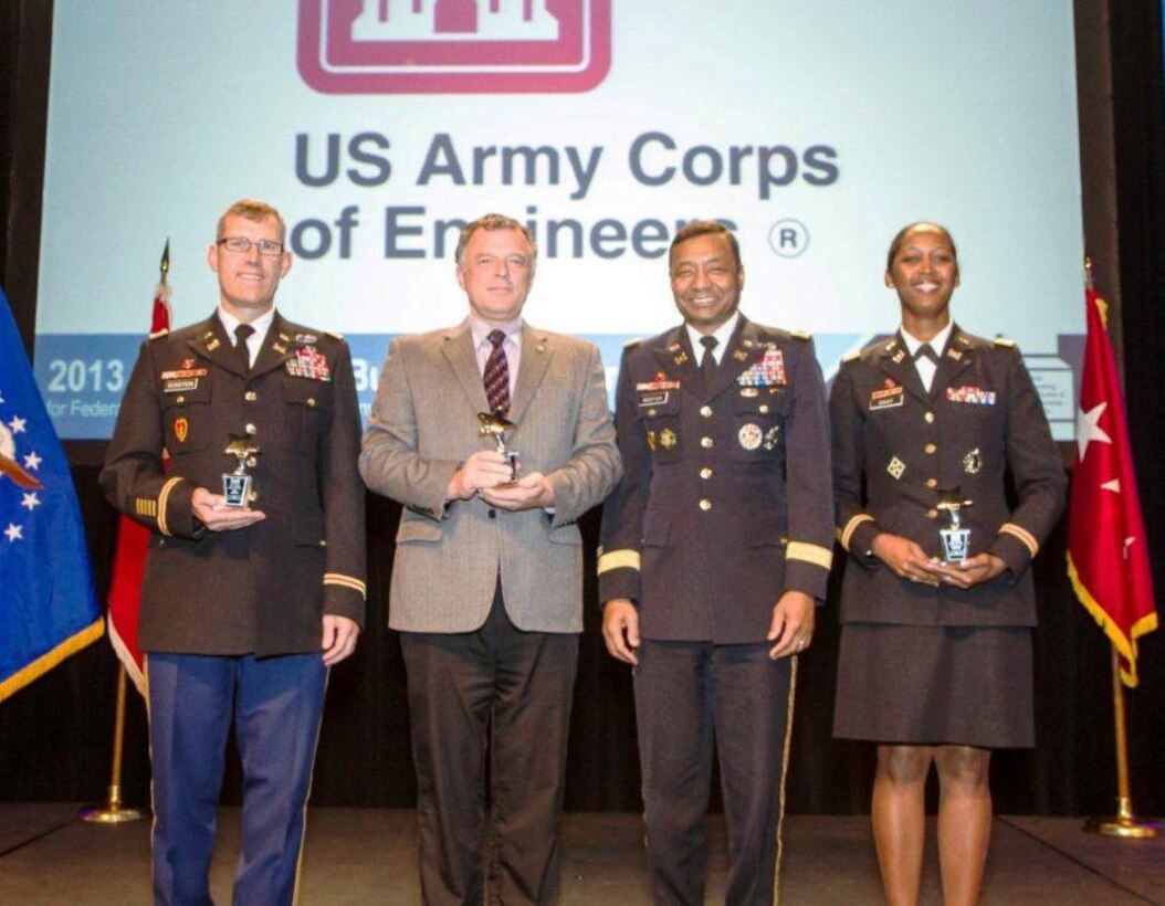 During the SAME 2013 Small Business Conference, Albuquerque District received the Star Award as one of the top three district with the highest dollars awarded to Historically Black Colleges/Universities/Minority Institutions.  (l-r): Col. Jeff Eckstein with the Engineer Research and Development Center (ERDC); Mr. Stoutenburgh with the Humphreys Engineer Center Support Activity (HECSA); Lt. Gen. Thomas Bostick, Commanding General and Chief of Engineers, USACE; and Lt. Col. Antoinette Gant, Commander, Albuquerque District.