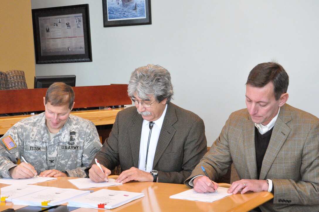 The first the Native American In-Lieu Fee program for aquatic resource impacts and compensatory mitigation in the nation was approved Nov. 26 by Seattle District Commander Col. Bruce Estok, Mel Sheldon, chairman of the Tulalip Tribes, and David Allnutt, Director of the EPA Office of Ecosystems, Tribal and Public Affairs (shown from left to right at Tulalip Tribes offices).