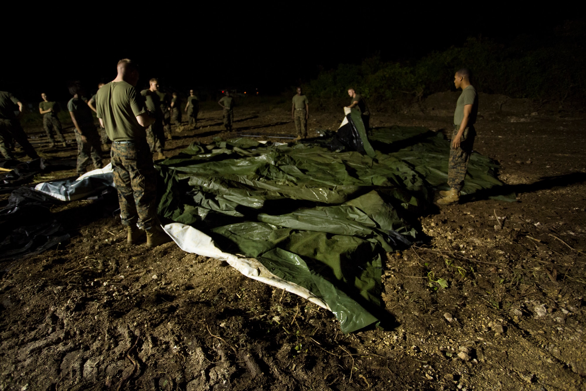 U.S. Marines unload cargo at Tinian’s International airport Nov. 6, 2013, during the opening stages of exercise Forager Fury II. Airmen from the 734th Air Mobility Squadron on Andersen Air Force Base, Guam, supported the Marines by facilitating an estimate of 1,200 passenger movements and loading 200 pallets during the exercise. (U.S. Marine Corps photo by Lance Cpl. Antonio Rubio/Released)