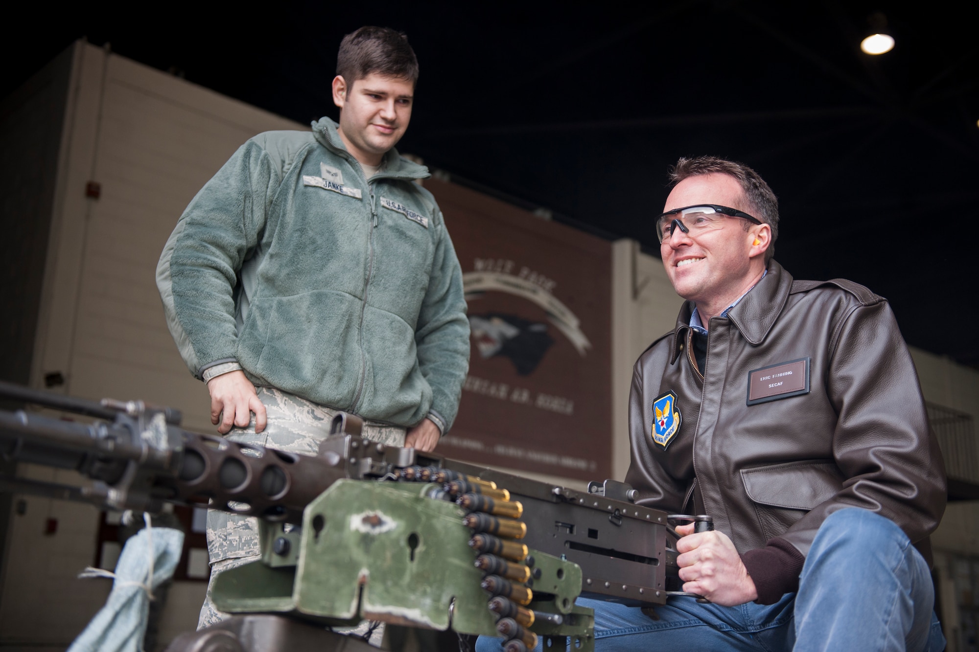 Acting Secretary of the Air Force Eric K. Fanning fires an M2 Browning machine gun during a security forces demonstration at Kunsan Air Base, Republic of Korea, Nov. 26, 2013. The secretary visited the Wolf Pack to get a better look at Kunsan’s mission of defending the base, accepting follow-on forces and taking the fight North. (U.S. Air Force photo by Senior Airman Armando A. Schwier-Morales/Released)