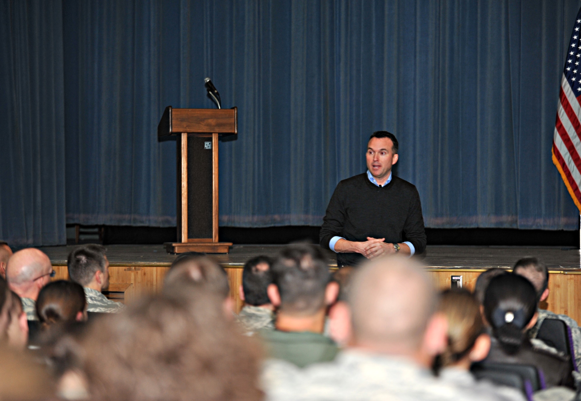 Acting Secretary of the Air Force Eric Fanning addresses Airmen during an all call at Osan Air Base, Republic of Korea, Nov. 25, 2013. Fanning discussed several topics including force structure and sexual assault prevention, before opening up the floor for questions. (U.S. Air Force photo/Airman 1st Class Ashley J. Thum)