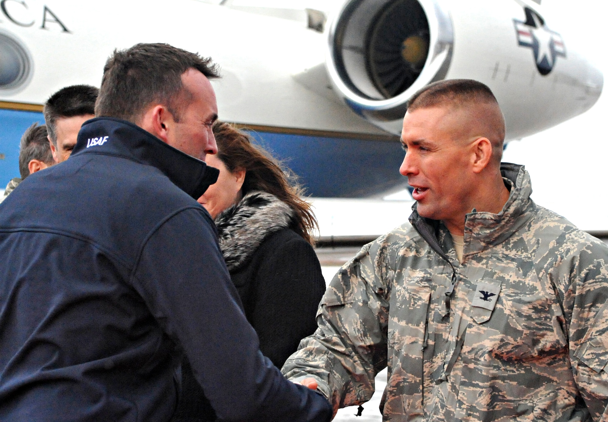 Col. Brook Leonard, 51st Fighter Wing commander, greets Acting Secretary of the Air Force Eric Fanning after his arrival at Osan Air Base, Republic of Korea, Nov. 25, 2013. Fanning has served as acting secretary since June 21, after being confirmed as the Under Secretary of the Air Force April 18. (U.S. Air Force photo/Airman 1st Class Ashley J. Thum)