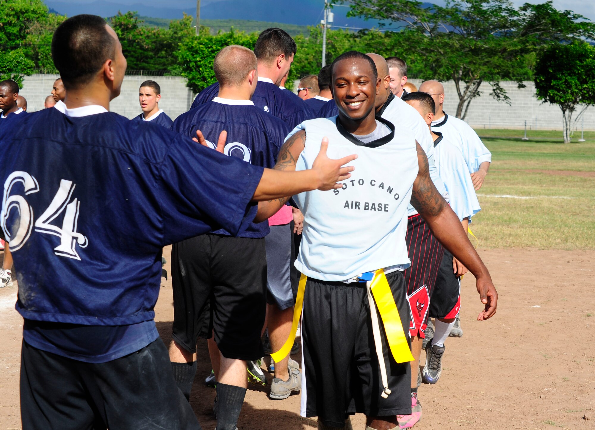 Members of Joint Task Force-Bravo participated in the annual "Turkey Bowl" flag football game. The game pits Airmen against Soldiers in a friendly competition between Army and Air Force. This year, the Air Force took home the Turkey Bowl trophy, defeating the Army in overtime by a score of 25-19. The game served to increase camaraderie among the two services while promoting overall physical fitness. (Photo by Martin Chahin)