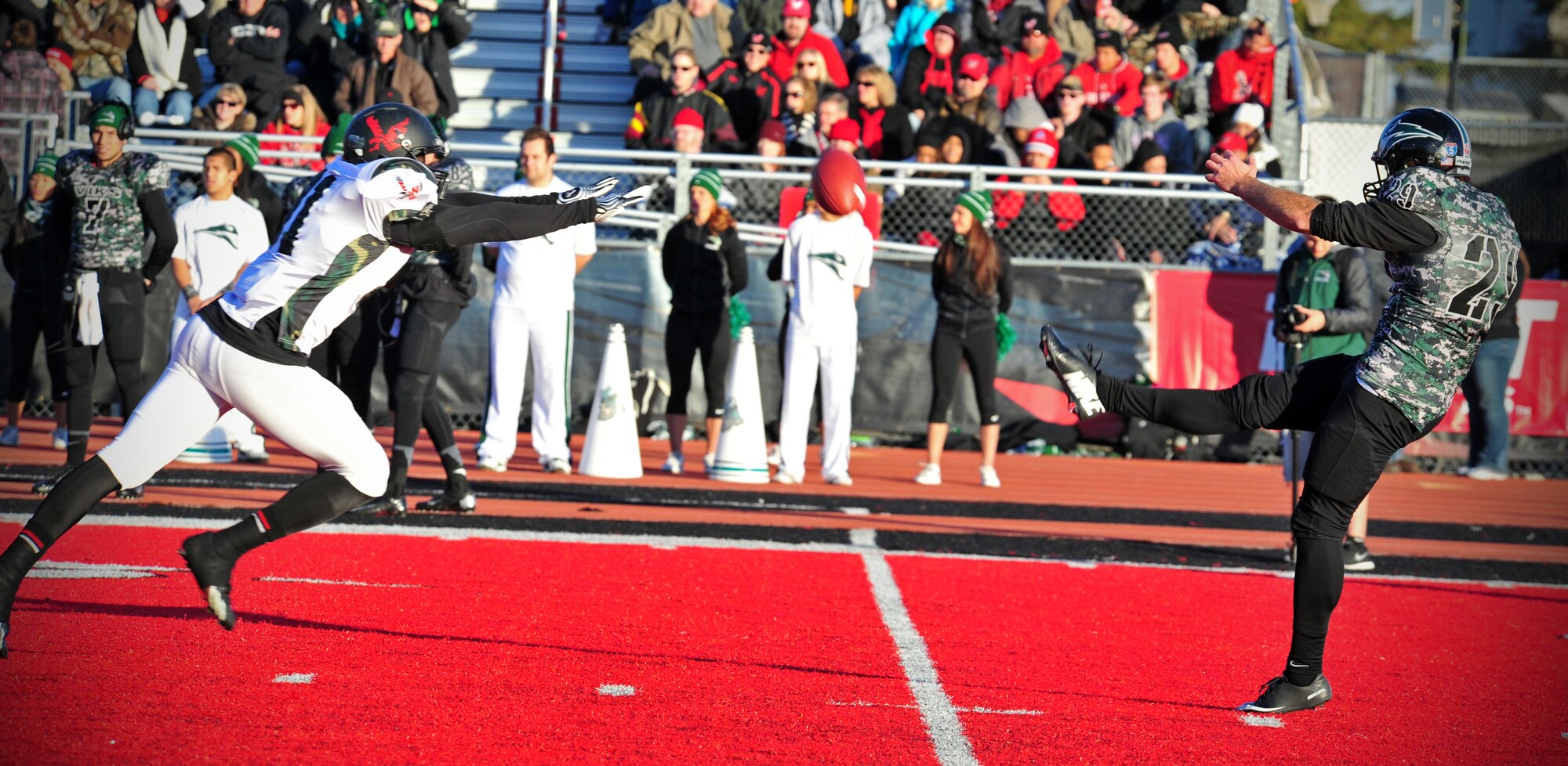 A member of the Portland State University football team punts the football during the Eastern Washington University military appreciation game at Roos Field in Cheney, Wash., Nov. 23, 2013. (U.S. Air Force photo by Senior Airman Taylor Curry/Released) 