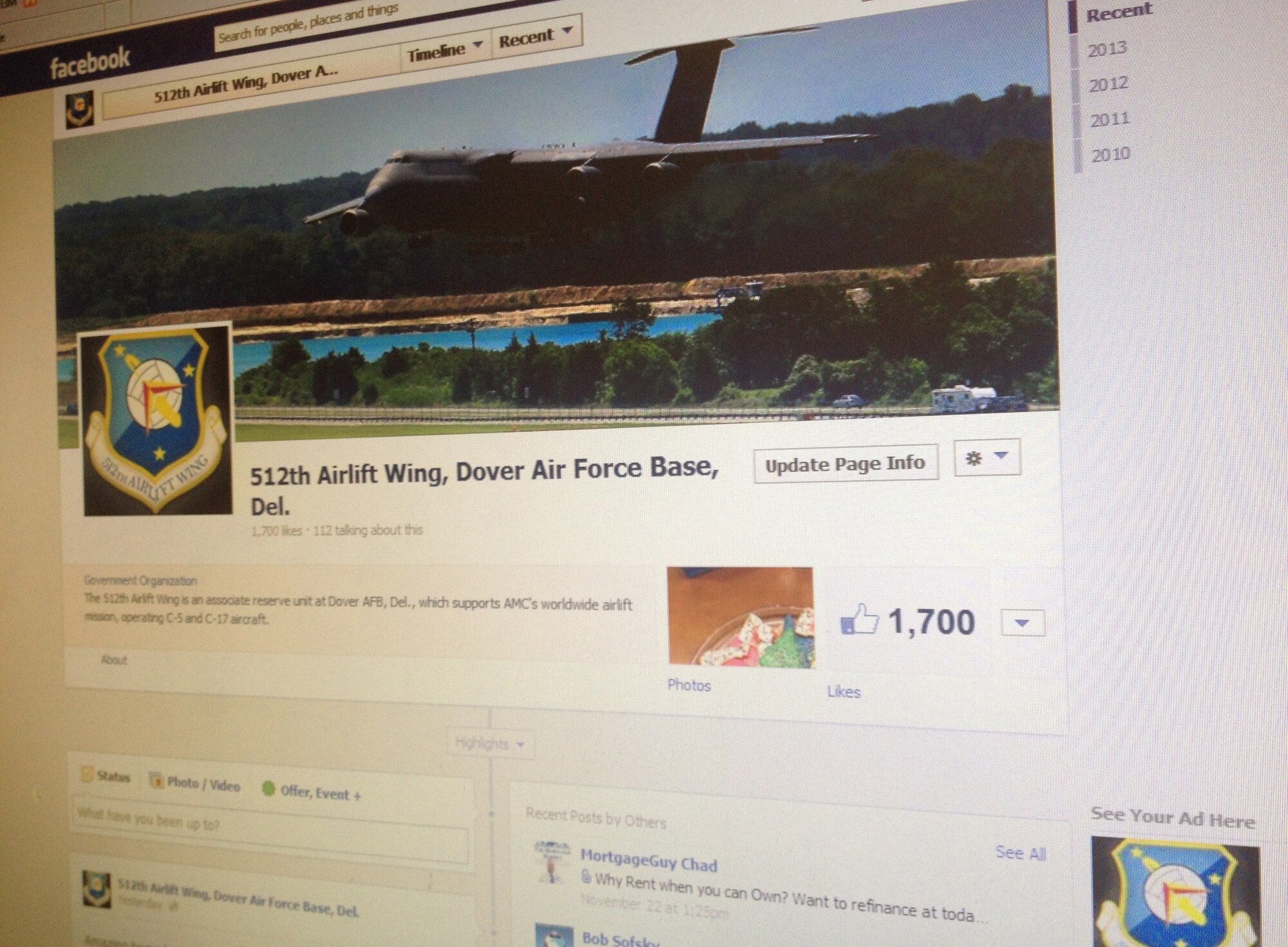 The official Facebook page of the 512th Airlift Wing displays the milestone of obtaining 1,700 fans Nov. 25, 2013. The fan base has doubled since the beginning of the year. (U.S. Air Force photo/Master Sgt. Veronica Aceveda)