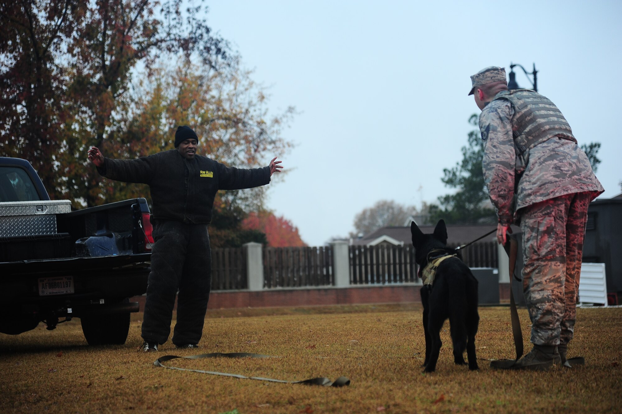 A Security Forces Airman taunts Maci, a military working dog, into attacking him at the Military Working Dog Demonstration Nov. 22 outside of the Columbus Club. (U.S. Air Force Photo/Airman 1st Class Daniel Lile)