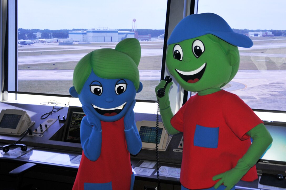 Hope and Will, Children’s Healthcare of Atlanta mascots, visit the Dobbins Air Traffic Control Tower during a base tour Oct. 21. In 2012, the facility treated more than 345,000 children, according to Children’s officials. The goal of Children’s is to make a difference in the lives of kids and the strength of their communities. (U.S. Air Force photo/Senior Airman Elizabeth Van Patten)