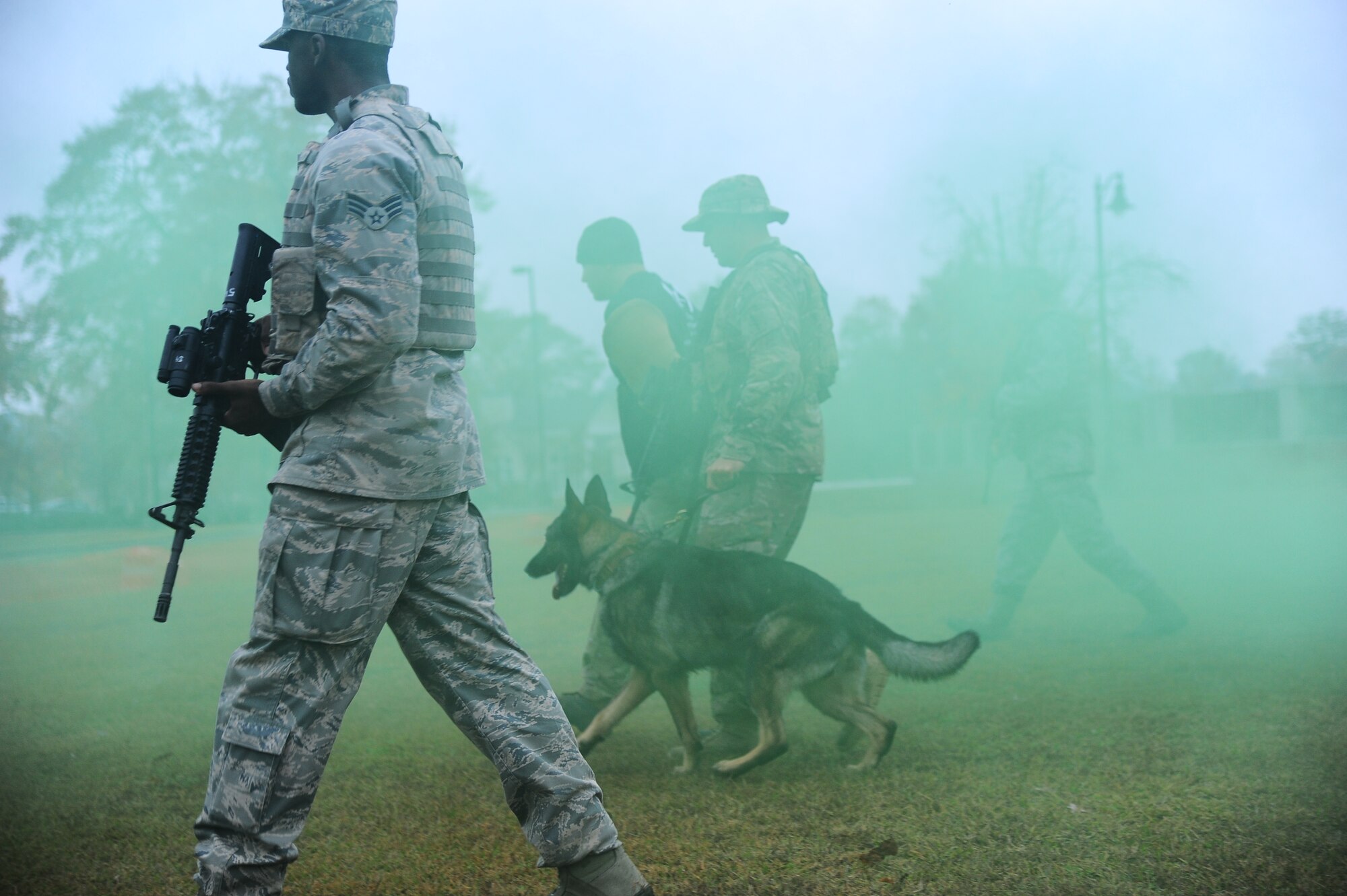 Members of the 14th Security Forces Squadron clear the area filled with green smoke during the Military Working Dog Demonstration Nov. 22 outside of the Columbus Club. (U.S. Air Force Photo/Airman 1st Class Daniel Lile)