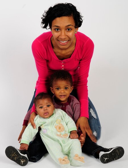 Jenay Randolph, mother of two, poses for a picture with her children Nov. 25, 2013 at MacDill Air Force Base, Fla. Randolph is the mother of two under the age of two that finds the balance between single motherhood and active-duty Air Force. The son, Jaylen Brown, is 17 months and the daughter, Jordyn, is four months.(U.S. Air Force photo/Senior Airman Shandresha Mitchell) 

