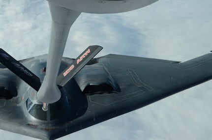 A KC-135R Stratotanker from the 126 ARW, an Illinois Air National Guard unit stationed at Scott Air Force Base, Ill., refuels a B-2 Spirit from Whiteman Air Force Base, Mo. Both the KC-135R and B-2 are key pieces of USSTRATCOM's global strike and strategic deterrence missions to deter regional and strategic threats. USSTRATCOM  relies on various task forces for the execution of its global missions, including space operations, information operations, missile defense, global command and control; intelligence, surveillance and reconnaissance (ISR); global strike and strategic deterrence, and combating weapons of mass destruction. (Air National Guard photo by Senior Airman Elise Stout)