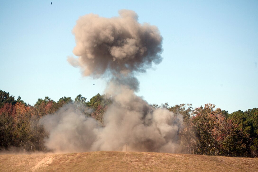 An ammonium nitrate bomb detonates during explosive ordnance disposal sustainment training at the Marine Corps Air Station Beaufort demolition range, Nov. 14. The training is part of the Hazardous Duty Incentive Pay or demolition duty, and was created to compensate for the more than normally dangerous character of such duties and encourages members to continue to volunteer to perform these duties. Staff Sgt. Matthew Anderson an EOD Tech from Franklin Tenn., said he doesn’t do it for the money but to save lives when it matters most.