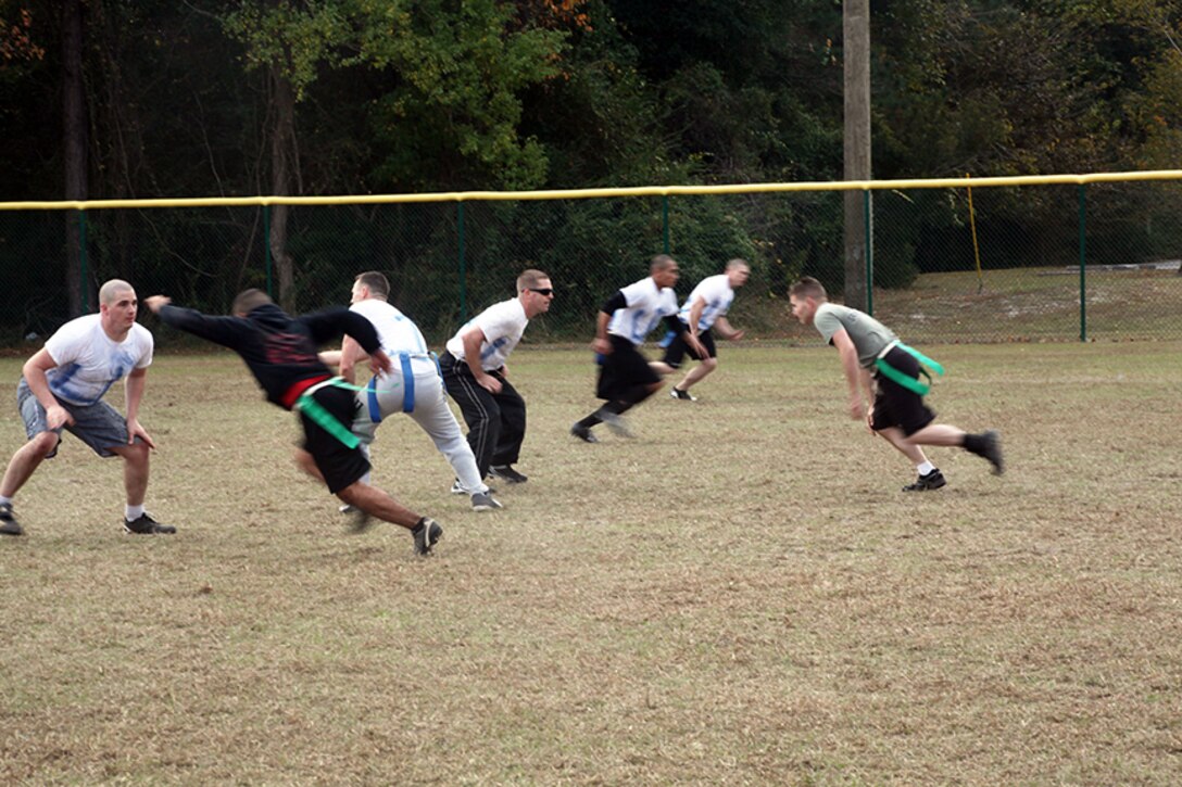Marines with Marine Air Control Squadron 2, Detachment Alpha, gathered at the softball fields aboard Marine Corps Air Station Beaufort for a turkey bowl, Nov. 21.