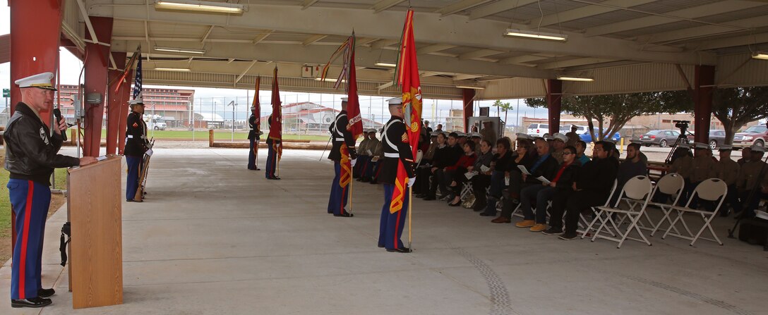 Marine Corps Air Station Yuma, Ariz., Commanding Officer Col. Robert C. Kuckuk spoke to the friends, family and fellow service members in attendance at a dedication ceremony held at the station Memorial Sport’s Complex. The morning ceremony honored the memories of fallen brothers-in-arms Lt. Col. Christopher Raible, Maj. Jay Aubin, Sgt. Fernando Padilla-Ramirez, MSgt. Kenneth Hunt and Sgt. Bradley Atwell. (Photo by Cpl. Uriel Avendano)