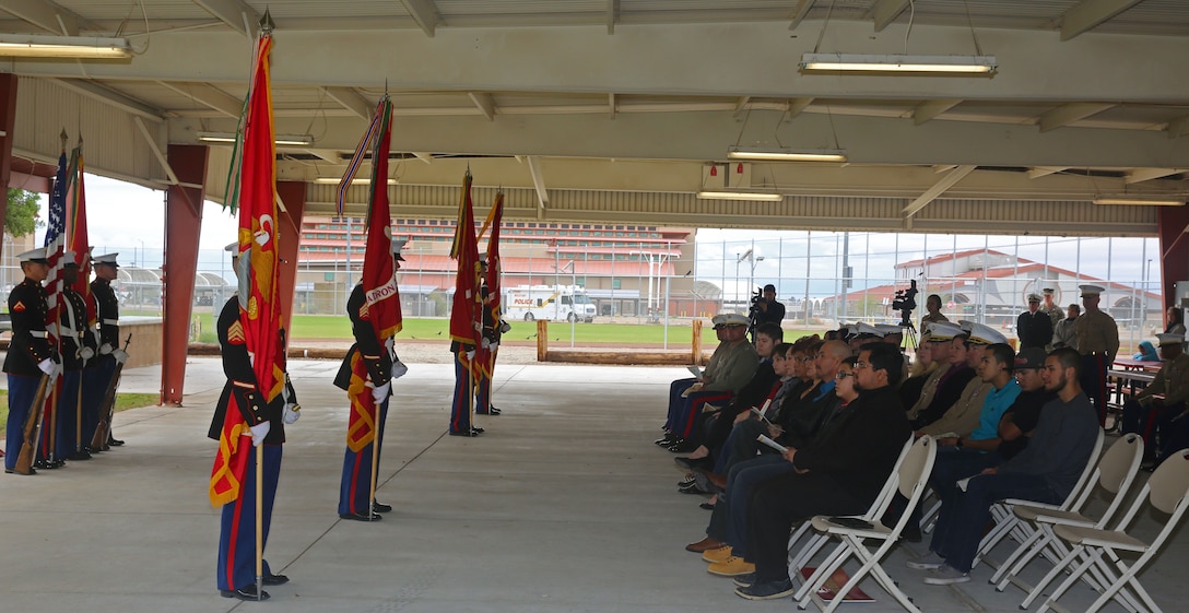 The unit colors to commemorate fallen Marines were brought out at a dedication ceremony held at the Marine Corps Air Station Yuma, Ariz., Memorial Sport’s Complex. Friends, family and fellow service members attended the proceedings which honored Lt. Col. Christopher Raible, Maj. Jay Aubin, Sgt. Fernando Padilla-Ramirez, MSgt. Kenneth Hunt and Sgt. Bradley Atwell. (Photo by Cpl. Uriel Avendano)