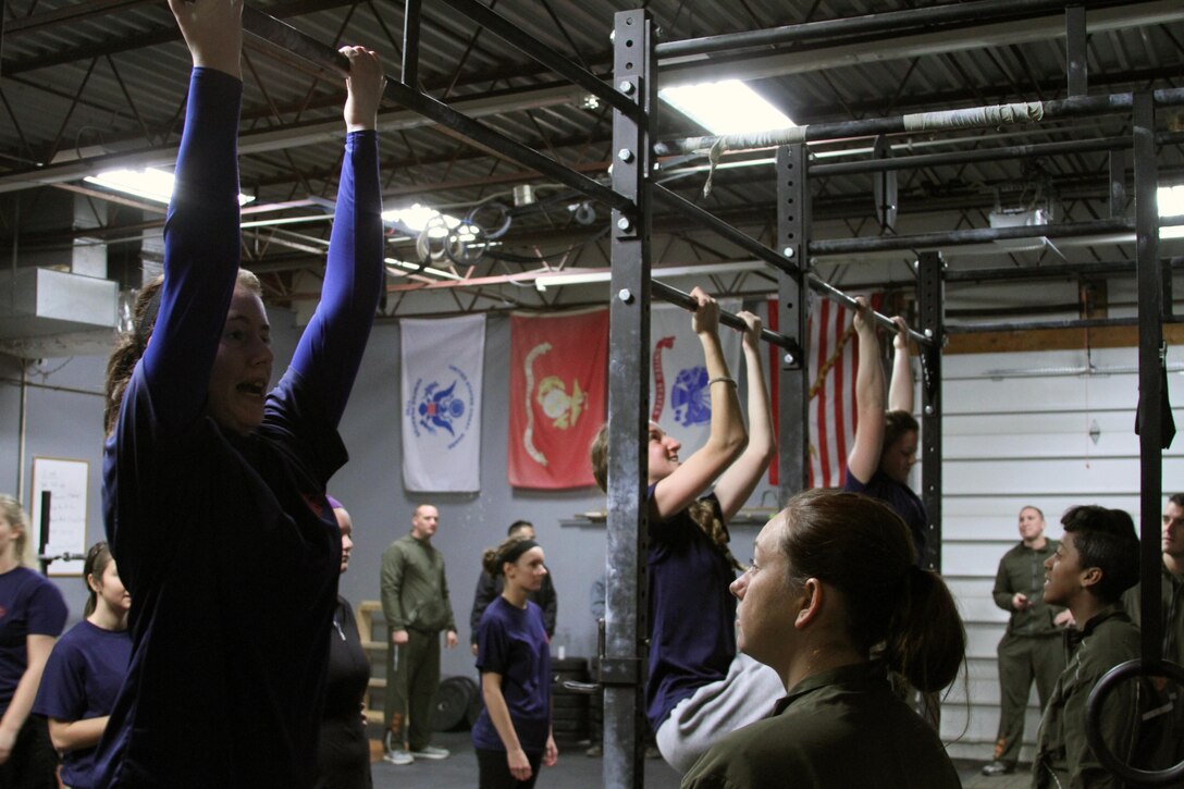 Marine Corps poolees from Recruiting Station Cleveland attempt pull-ups during the warm up portion of their female pool function held at the Crossfit Box in Strongsville, Ohio, Nov. 23, 2013. The pool function featured a circuit-course style workout and a question and answer period to address any questions or concerns that the poolees had about how to be successful in recruit training and during their time as a Marine. (U.S. Marine Corps Photo by Sgt. T.M. Stewman/Released)