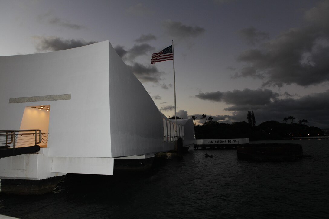 The USS Arizona Memorial sits atop the USS Arizona here Nov.25, which has rested at the bottom of the harbor since the attack on Pearl Harbor on Dec. 7, 1941. Members of the Chaplain Corps visited the memorial to pay tribute to the fallen victims.