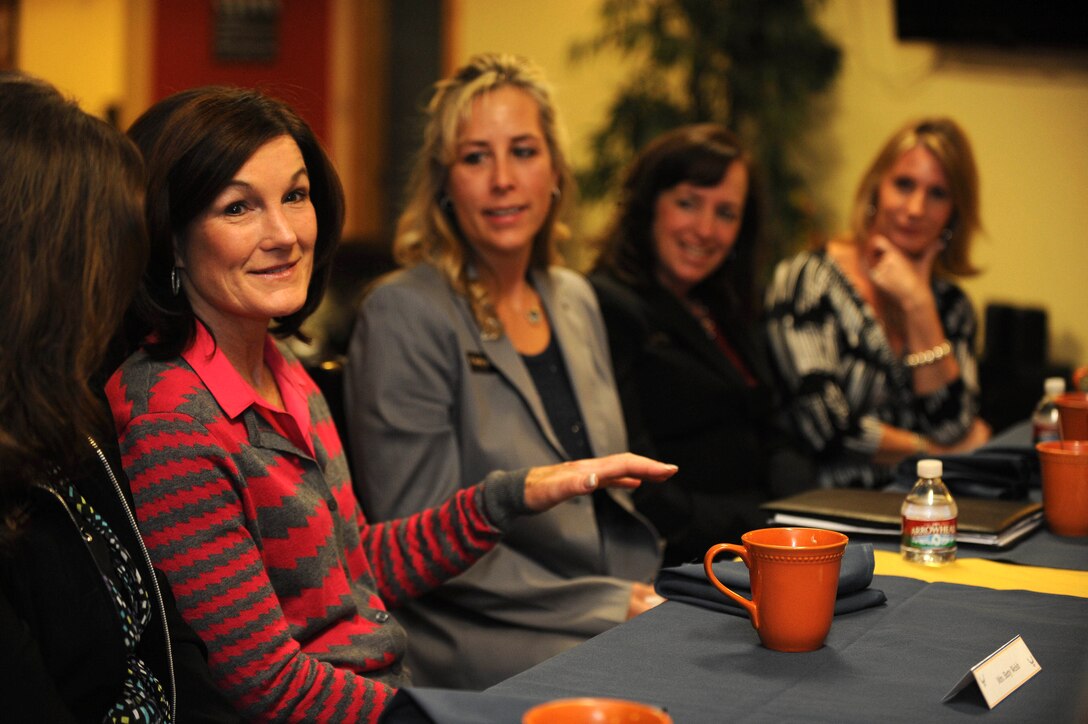 Betty Welsh, wife of Chief of Staff of the Air Force Gen. Mark A. Welsh III, speaks to senior spouses during a visit at Ellsworth Air Force Base, S.D., Nov. 27, 2013. Mrs. Welsh and the first lady of the 28th Bomb Wing, Cindy Kennedy, met with spouses of military members to discuss opportunities and challenges in family care programs. (U.S. Air Force photo by Airman 1st Class Rebecca Imwalle/Released)