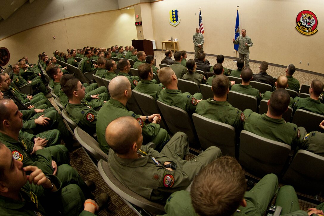 Air Force Chief of Staff Gen. Mark A. Welsh III, and Chief Master Sergeant of the Air Force James Cody, visit Ellsworth aircrews during an aviator call at Ellsworth Air Force Base, S.D., Nov. 27, 2013. During their visit, Welsh and Cody toured one of the base’s  B-1 bombers to learn more about the upgrades and increased lethality of the bomber. (U.S. Air Force photo by Senior Airman Zachary Hada/Released)