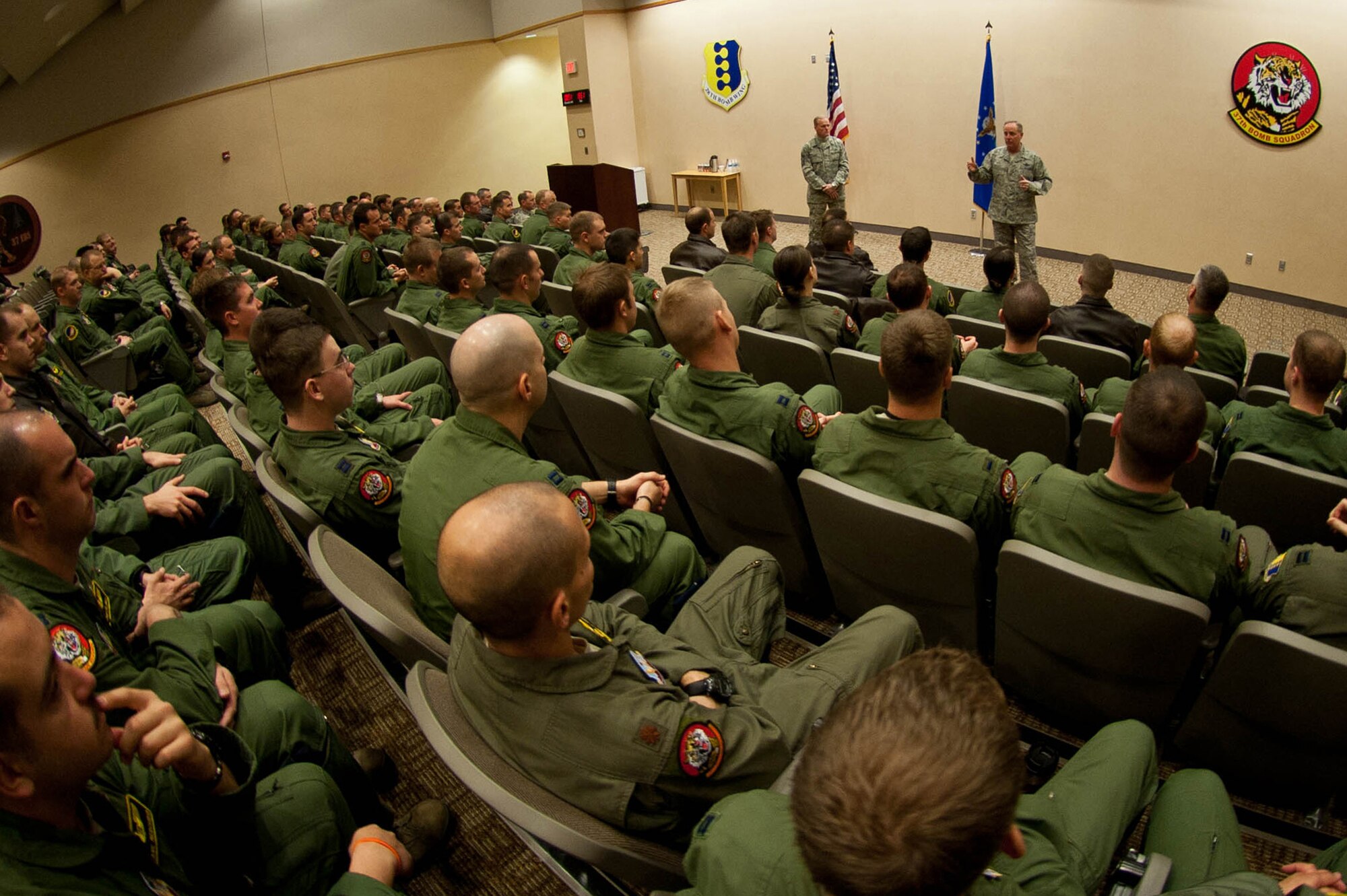 Air Force Chief of Staff Gen. Mark A. Welsh III, and Chief Master Sergeant of the Air Force James Cody, visit Ellsworth aircrews during an aviator call at Ellsworth Air Force Base, S.D., Nov. 27, 2013. During their visit, Welsh and Cody toured one of the base’s  B-1 bombers to learn more about the upgrades and increased lethality of the bomber. (U.S. Air Force photo by Senior Airman Zachary Hada/Released)
