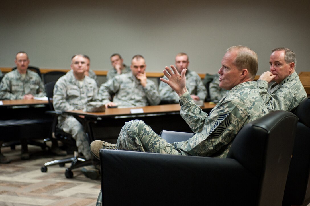 Chief Master Sgt. of the Air Force James A. Cody speaks with senior NCOs from the 28th Bomb Wing during a visit to Ellsworth Air Force Base, S.D., Nov. 27, 2013. During the visit, Cody and Air Force chief of staff, Gen. Mark A. Welsh III, met with senior NCOs to hear of their challenges and clarify the vital role that each plays in the development of the future force. (U.S. Air Force photo by Senior Airman Alystria Maurer/Released)