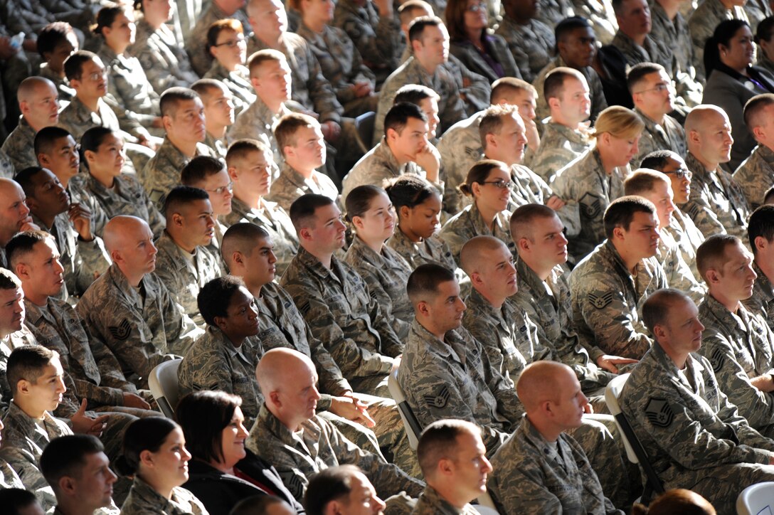 Airmen attend an all call held by Air Force Chief of Staff Gen. Mark A. Welsh III, at Ellsworth Air Force Base, S.D., Nov. 26, 2013. The visit was designed to address current issues and challenges the Air Force is facing. (U.S. Air Force photo by Senior Airman Zachary Hada/Released)
