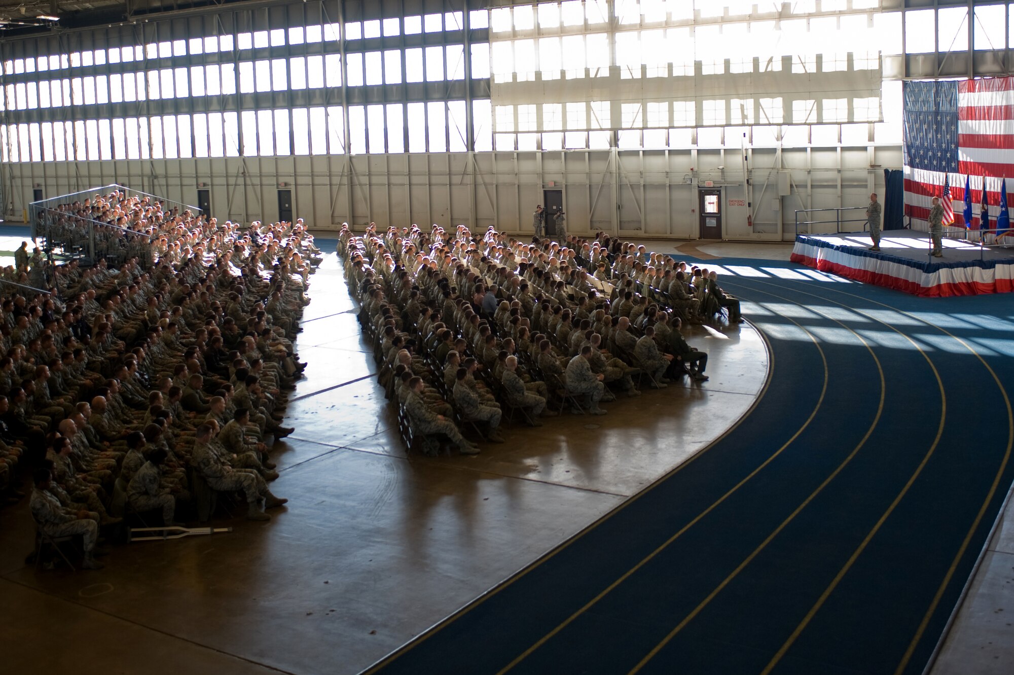 Air Force Chief of Staff Gen. Mark A. Welsh III, speaks with Airmen from the 28th Bomb Wing during an all call at Ellsworth Air Force Base, S.D., Nov. 26, 2013. During his address, Welsh expressed his appreciation for the hard work and dedication put forth to accomplish the mission. (U.S. Air Force photo by Senior Airman Zachary Hada/Released)