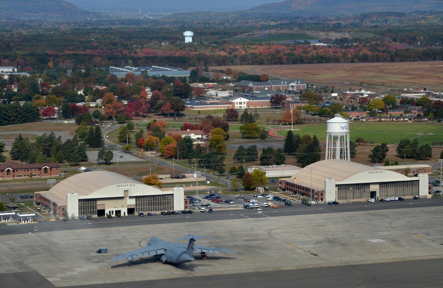 New England's autumn colors highlight Westover Air Reserve Base, Mass., as seen from 1,000 feet above ground level inside a Massachusetts State Police helicopter Oct. 15, 2013. Westover is the nation's largest Air Force Reserve base, and is home to the Air Force's largest cargo aircraft, the C-5 Galaxy. The mission of the 439th Airlift Wing is to provide worldwide air movement of troops, supplies, equipment and medical patients. (U.S. Air Force photo/SSgt. Kelly Galloway)