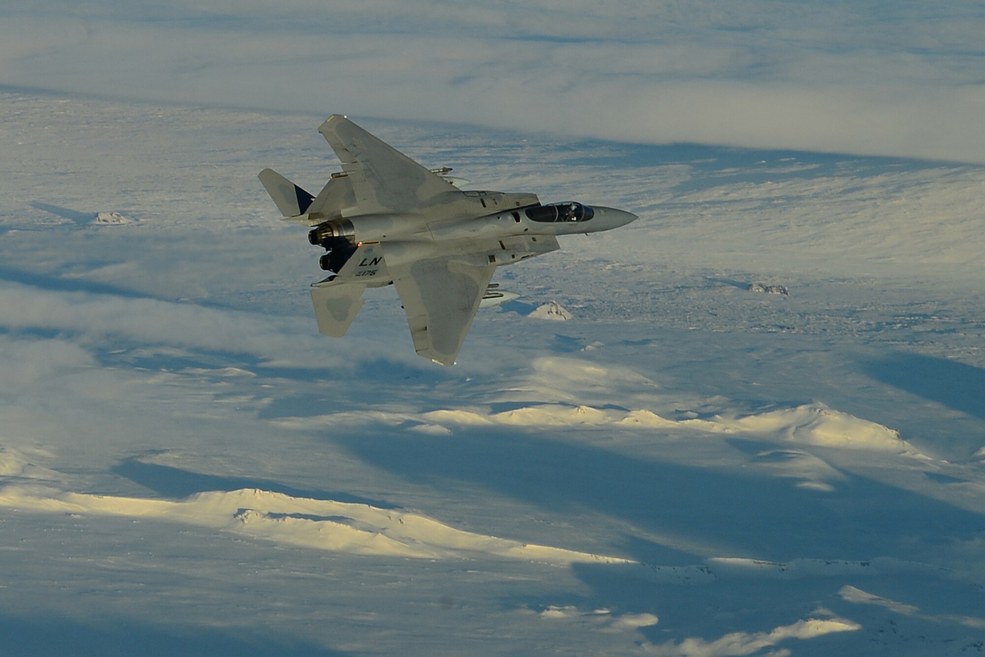 An F-15C Eagle, flies over Iceland Nov. 21, 2013. The aircraft is deployed from the 48th Fighter Wing, Royal Air Force Lakenheath, England. The 48th Air Expeditionary Group has been maintaining the North Atlantic Treaty Organization air surveillance and policing mission in Iceland since Oct. 28, 2013. (U.S. Air Force photo by Airman 1st Class Dana J. Butler/Released)