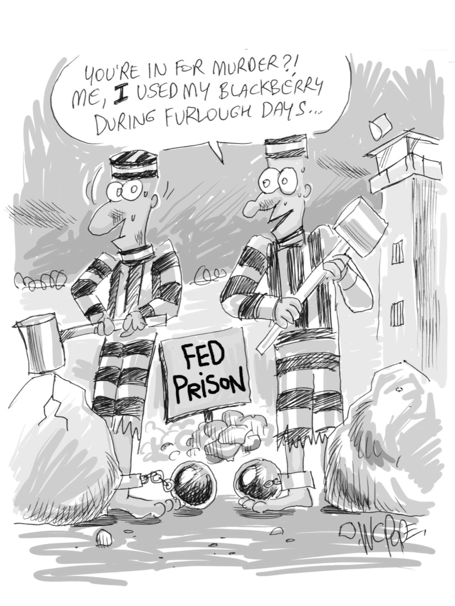 You're in for murder?! Me, I used my blackberry during furlough days... (U.S. Air Force Graphic/William C. Pope)