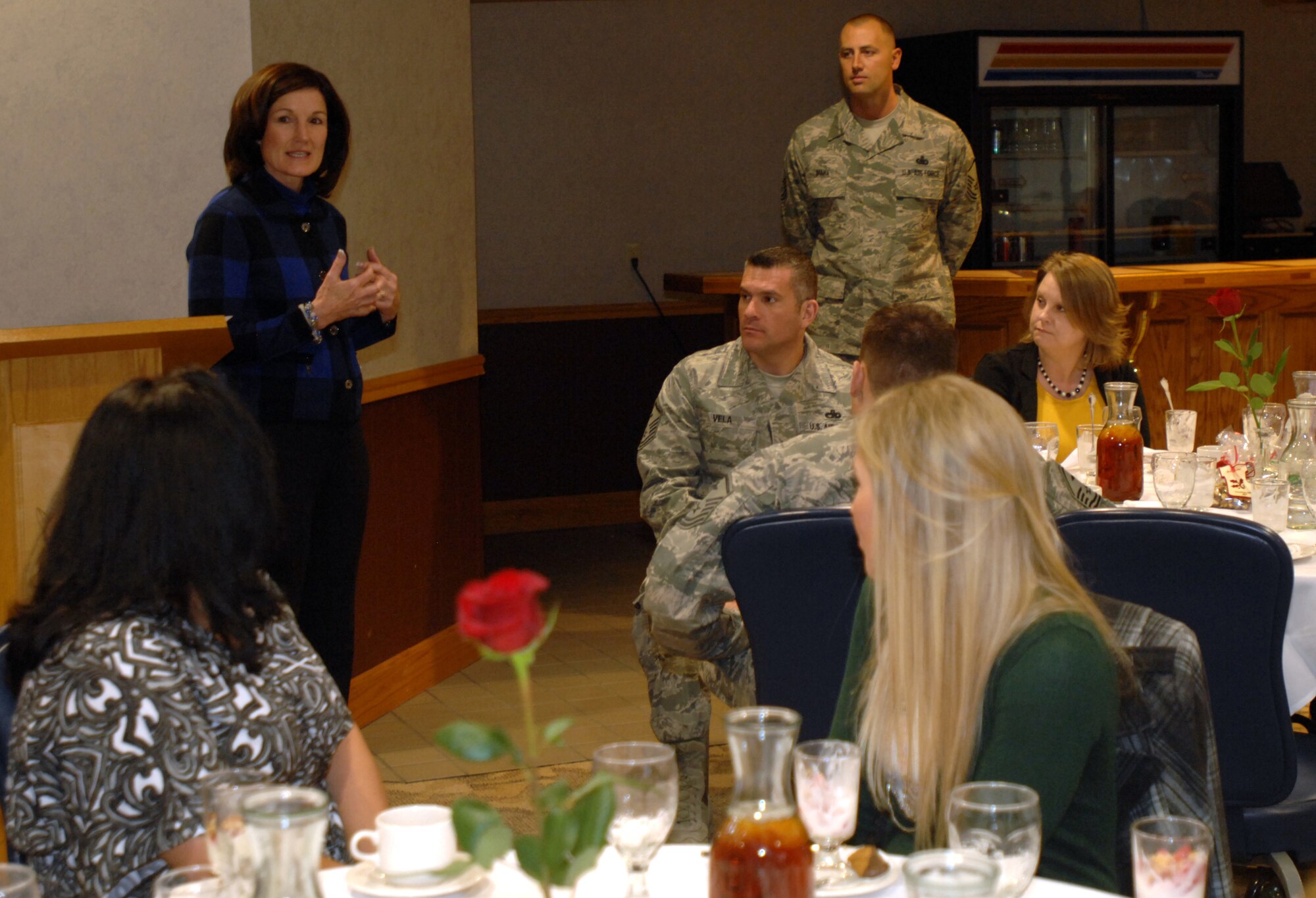 Betty Welsh, spouse of Air Force Chief of Staff Gen. Mark A. Welsh III, speaks at a Key Spouse Mentors and First Sergeants Discussion Nov. 25, 2013, at Grand Forks Air Force Base, N.D.  Mrs. Welsh focused her visit on the spouse’s perspective of military service, the importance of respect and professionalism in the service, and the vital role of resiliency. As part of a two-day visit to the base, the general and Mrs. Welsh, along with Chief Master Sgt. of the Air Force James A. Cody, visited with Airmen and their families Nov. 25 and 26. (U.S. Air Force photo/Staff Sgt. Susan L. Davis)