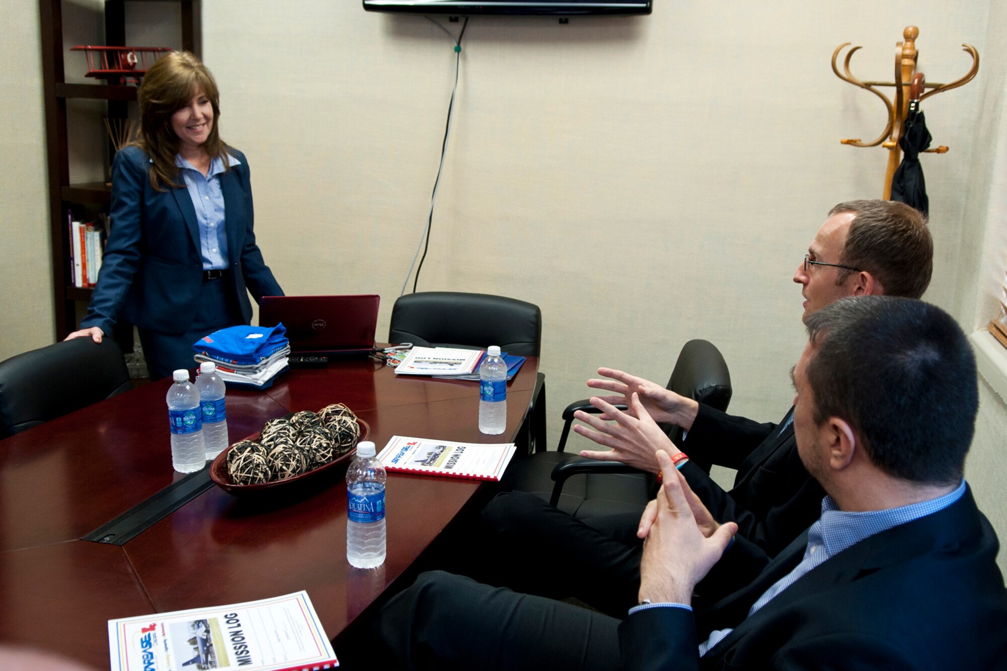 Kathy Brandon, executive director, STARBASE Louisiana, speaks with Zbyněk Pavlačík, Chairman and Co‐Founder of Jagello 2000 Association and Petr Zlatohlávek, Executive Director of the NATO Information Center in Prague, at Barksdale Air Force Base, La., Nov 8, 2013. Pavlačík and Zlatohlávek were part of a Czech delegation visiting the Shreveport/Bossier area for a number of reasons. They visited STARBASE at Barksdale to mutually learn about ways to enhance public and defense diplomacy projects that involve civil-military cooperation. The STARBASE program at Barksdale showcases the cooperation between the civilian and military communities to develop education projects for local children. The delegation also toured Byrd High School in Shreveport, La., to discuss the possibilities of their involvement in the Aliante international competition in 2015. The international student competition is for two-member teams of 15 to 19-year-old students. Its purpose is to raise the students’ awareness (knowledge) about history, geography, politics, international affairs and above all security issues and North Atlantic Alliance. (U.S. Air Force photo by Master Sgt. Jeff Walston)
