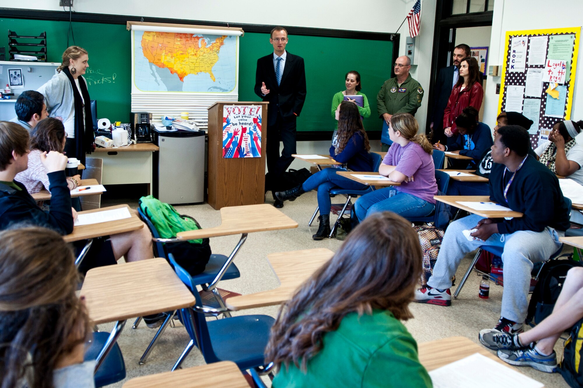 Petr Zlatohlávek, Executive Director of the NATO Information Center in Prague, addresses an Advanced Placement American History class at Byrd High School in Shreveport, La., Nov. 8, 2013. Zlatohlávek was part of a delegation from the Czech Republic at the school to discuss the possibilities of Byrd students’ future involvement in the Aliante international competition. The international student competition is for two-member teams of 15 to 19-year-old students. Its purpose is to raise the students’ awareness (knowledge) about history, geography, politics, international affairs and above all security issues and North Atlantic Alliance. (U.S. Air Force photo by Master Sgt. Jeff Walston)