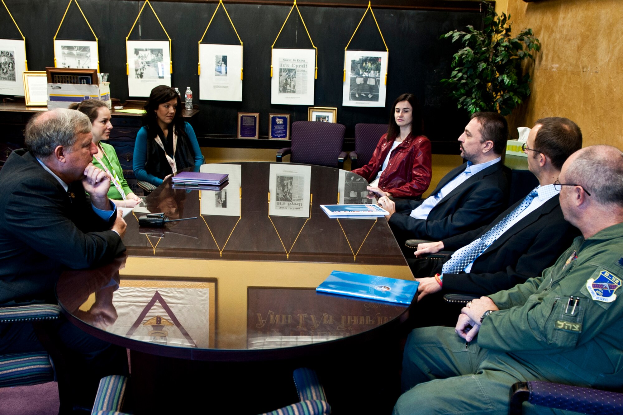 Zbyněk Pavlačík, Chairman and Co‐Founder of Jagello 2000 Association, (third from right) speaks with representatives from Byrd High School about the possibilities of their involvement in the Aliante international competition in 2015, at the school in Shreveport, La., Nov. 8, 2103. The international student competition is for two-member teams of 15 to 19-year-old students. Its purpose is to raise the students’ awareness (knowledge) about history, geography, politics, international affairs and above all security issues and North Atlantic Alliance. (U.S. Air Force photo by Master Sgt. Jeff Walston)