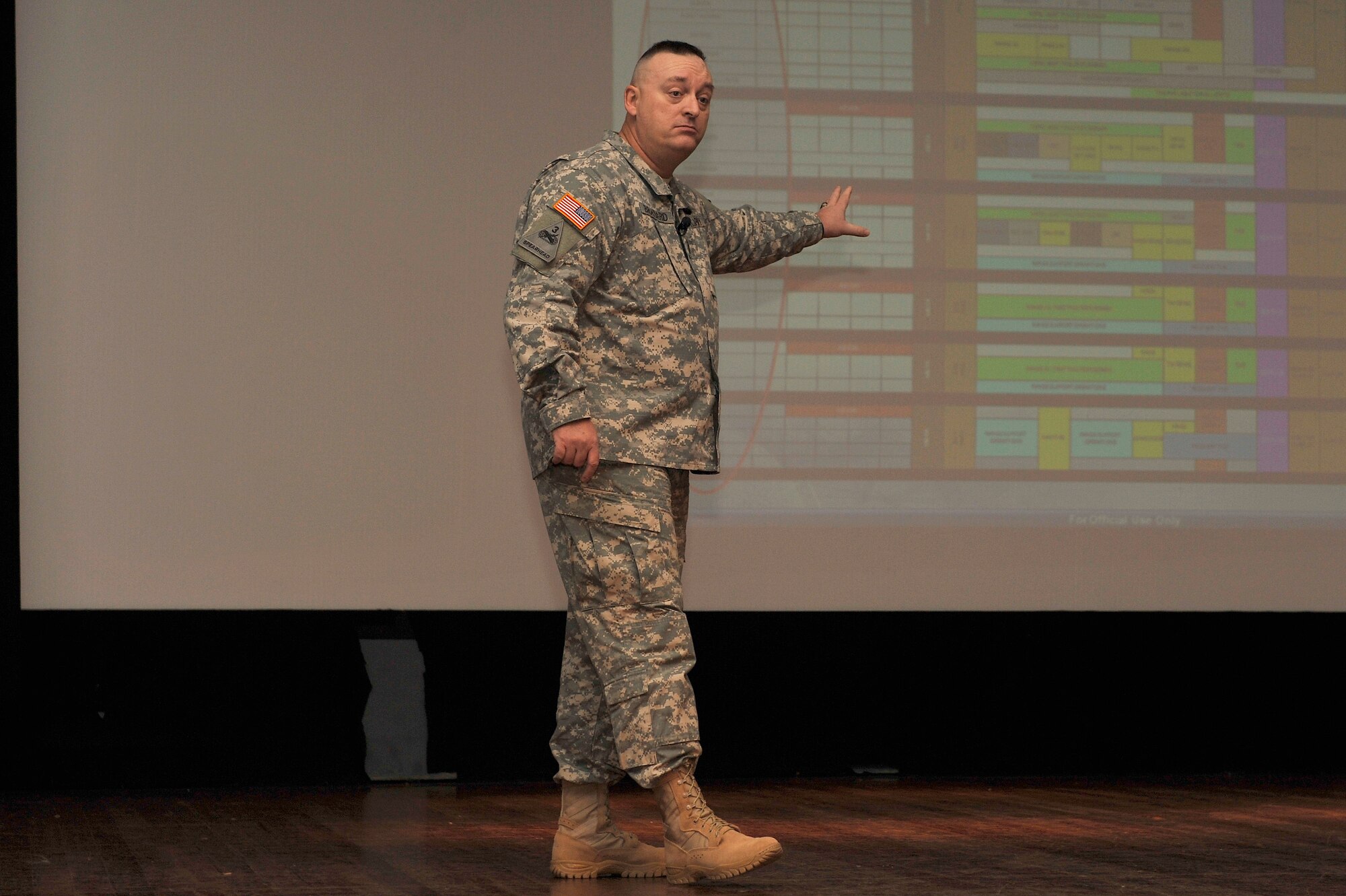 Sgt. Maj. Charles Brainard gives a presentation during the joint senior non-commissioned officer empowerment session at the base theater Nov. 22 at Scott Air Force Base, Ill. The purpose of the session was to prepare the SAFB NCO community for the challenges of the joint cyber environment and for the roles in the cyber domain of war. Brainard is the senior enlisted leader assigned to the defense information systems agency. (U.S. Air Force photo/Airman 1st Class Jaeda Waffer)