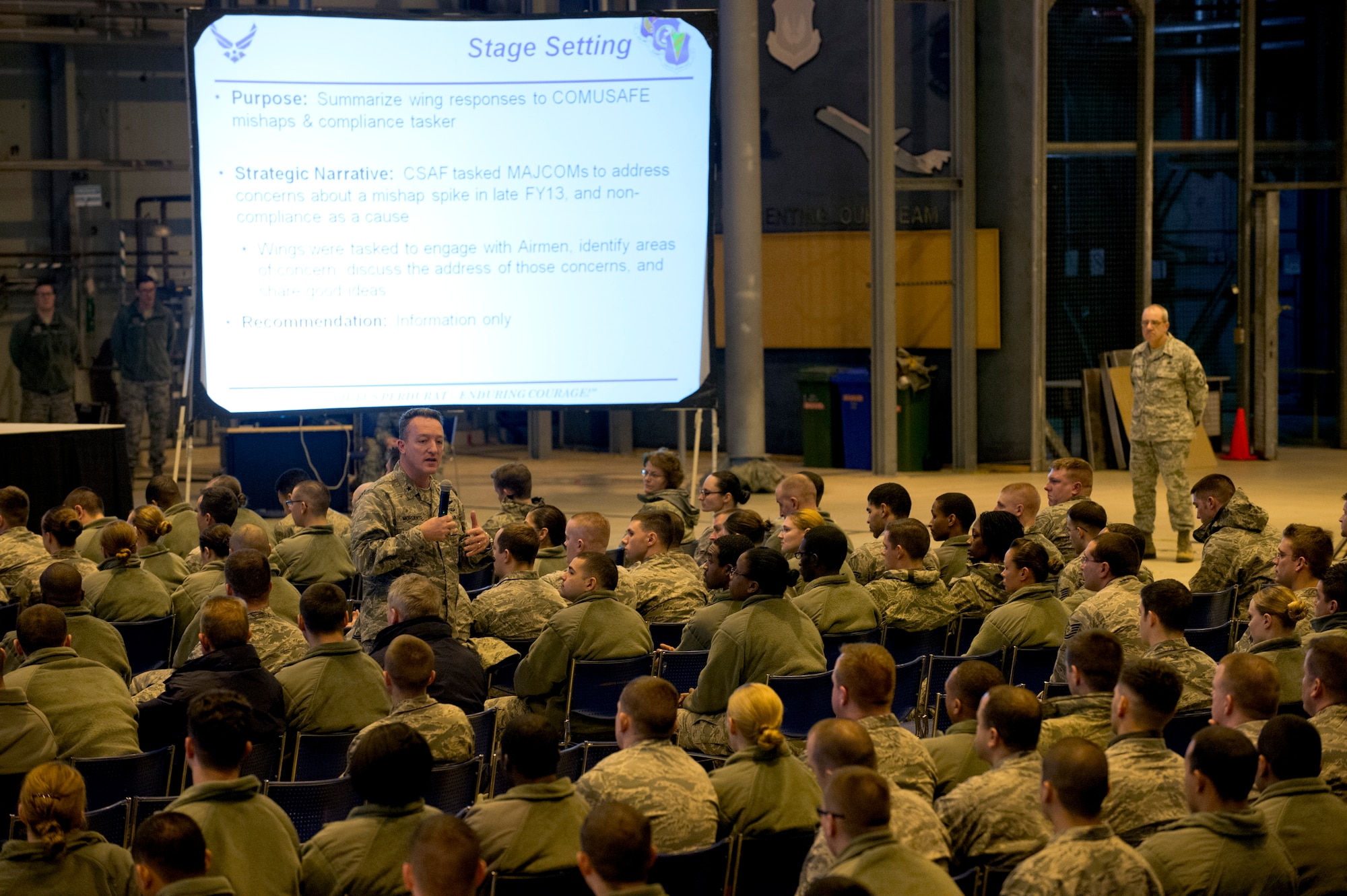 Brig. Gen. Patrick Mordente, 86th Airlift Wing commander, discusses safety concerns with Ramstein Airmen, Nov. 25, 2013, Ramstein Air Base, Germany. Airmen of the 86th AW participated in a wing stand down day where concerns about safety, on and off duty, where addressed. (U.S. Air Force photo/Airman 1st Class Jordan Castelan)