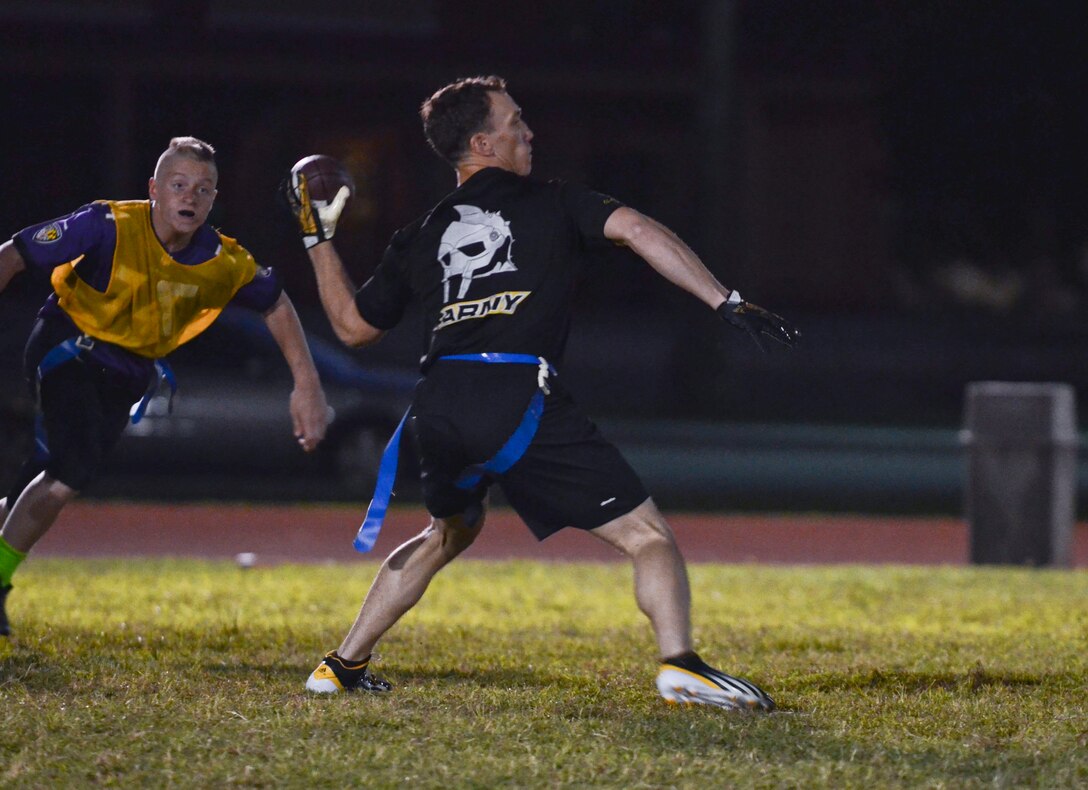 Shane Szymczak, 94th Army Air and Missile Defense Command, passes the ball during an intramural flag football game Nov. 25, 2013, on Andersen Air Force Base, Guam. The 94th AAMDC defeated 22nd Space Operations Squadron Detachment 5, 40-0. (U.S. Air Force photo by Senior Airman Marianique Santos/Released)