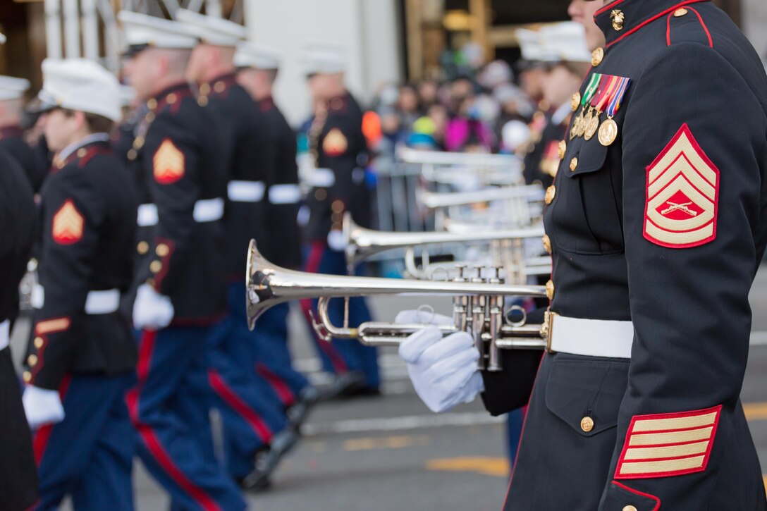 The East Coast Marine Corps Combined Band marched 2.5 miles through the streets of New York in the Macy's Thanksgiving Day Parade on Nov. 28, 2013. Comprised of 80 instrumentalists from the Marine Corps’ three largest east coast installations; Marine Corps Base Quantico, Va., Camp Lejeune, N.C., and Marine Corps Air Station Cherry Point, N. C., the Marines participated for only the second time in the parades 89 year history. 