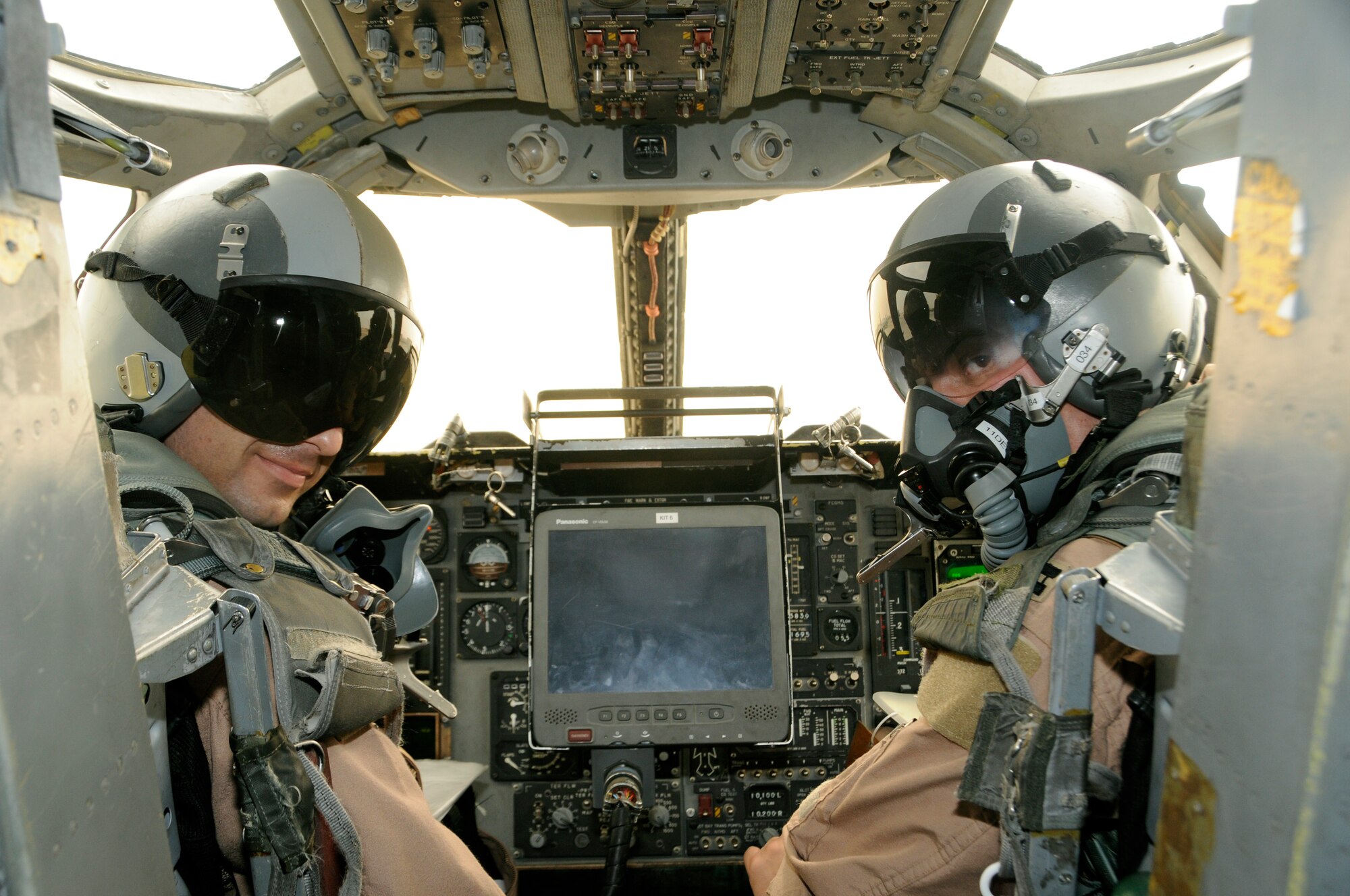 Maj. Jeff Cameron and Capt. Richard Hansen prepare for takeoff in support of Operation Enduring Freedom, at the 379th Air Expeditionary Wing in Southwest Asia, Nov. 19, 2013. Cameron is a B-1 pilot originally from Midland, Texas, and Hansen is a B-1 pilot originally from Lancaster, Calif., both are 9th Expeditionary Bomb Squadron pilots currently deployed from Dyess Air Force Base, Texas. (U.S. Air Force photo/Senior Airman Hannah Landeros)