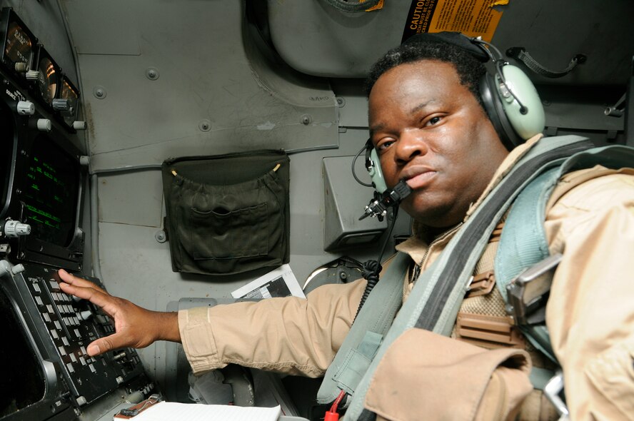 Lt. Col. John McClung prepares for takeoff in support of Operation Enduring Freedom, at the 379th Air Expeditionary Wing in Southwest Asia, Nov. 19, 2013. McClung is a 9th Expeditionary Bomb Squadron weapons system officer deployed from Dyess Air Force Base, Texas, and originally from Fayetteville, N.C. (U.S. Air Force photo/Senior Airman Hannah Landeros)