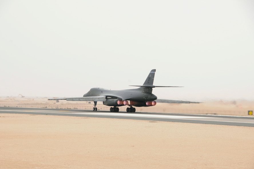 B-1 bomber flight crew deployed from Dyess Air Force Base, Texas, assigned to the 9th Expeditionary Bomb Squadron, take off at the 379th Air Expeditionary Wing in Southwest Asia, Nov. 19, 2013. The B1 provides combat air support to troops on the ground in support of Operation Enduring Freedom. (U.S. Air Force photo/Senior Airman Hannah Landeros)