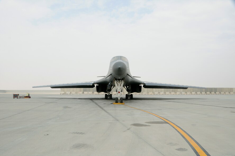 A B-1 bomber deployed from Dyess Air Force Base, Texas, assigned to the 9th Expeditionary Bomb Squadron, prepares to taxi at the 379th Air Expeditionary Wing in Southwest Asia, Nov. 19, 2013. The B-1 provides combat air support to service members on the ground in support of Operation Enduring Freedom. (U.S. Air Force photo/Senior Airman Hannah Landeros)