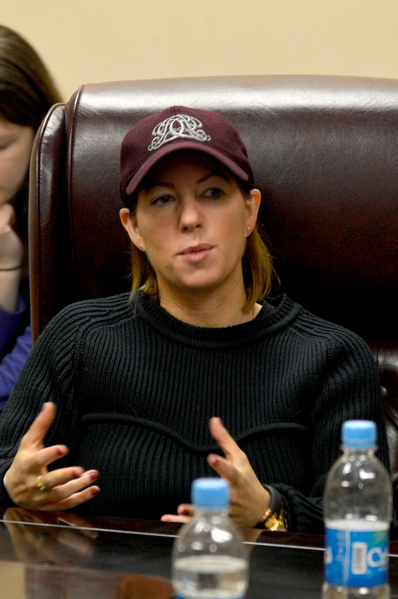 Mrs. Stephanie Carter, wife of U.S. Deputy Secretary of Defense, speaks to women at Bagram Airfield, Afghanistan, Nov. 28, 2013. Following her speaking engagement, Carter served dinner to Bagram personnel at Khoele Dining Facility. (U.S. Air Force photo by Senior Airman Kayla Newman)