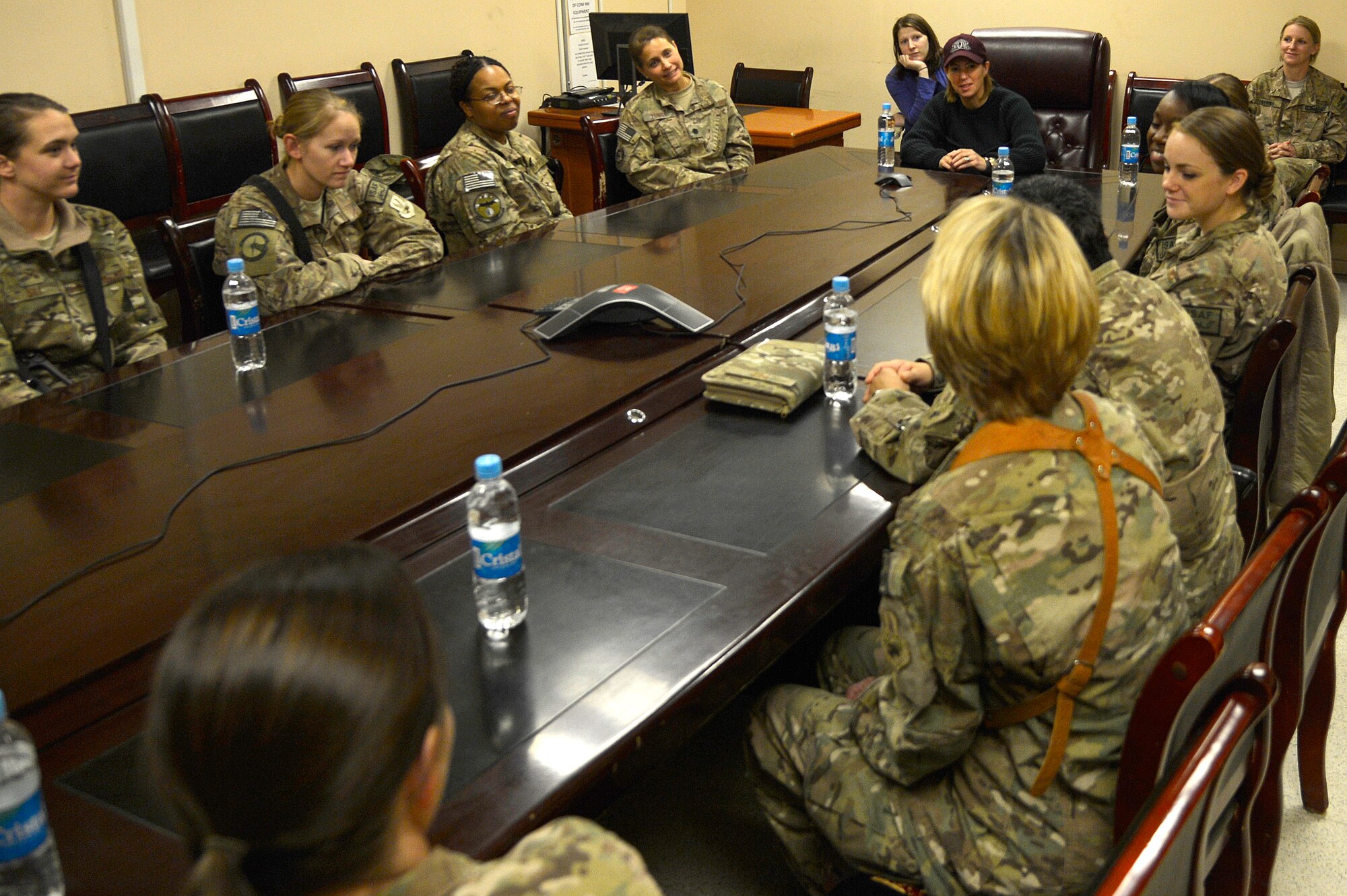 Mrs. Stephanie Carter, wife of U.S. Deputy Secretary of Defense, speaks to women at Bagram Airfield, Afghanistan, Nov. 28, 2013. Following her speaking engagement, Carter served dinner to Bagram personnel at Khoele Dining Facility. (U.S. Air Force photo by Senior Airman Kayla Newman)