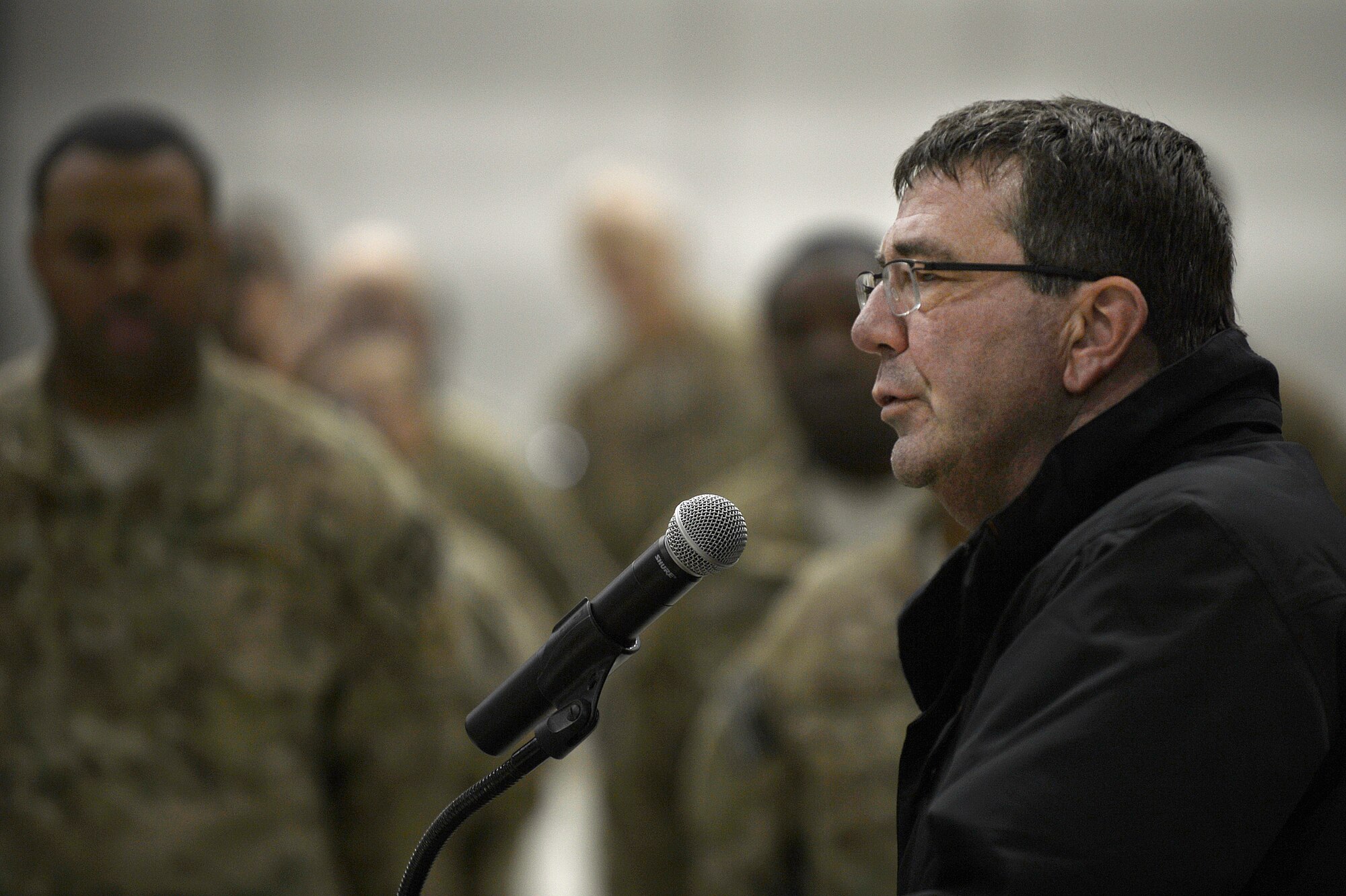 Mr. Ashton Carter, U.S. Deputy Secretary of Defense, speaks with Service members at Bagram Airfield, Afghanistan, Nov. 28, 2013. Following his speaking engagement, Carter served dinner to Bagram personnel at Khoele Dining Facility. (U.S. Air Force photo by Senior Airman Kayla Newman)