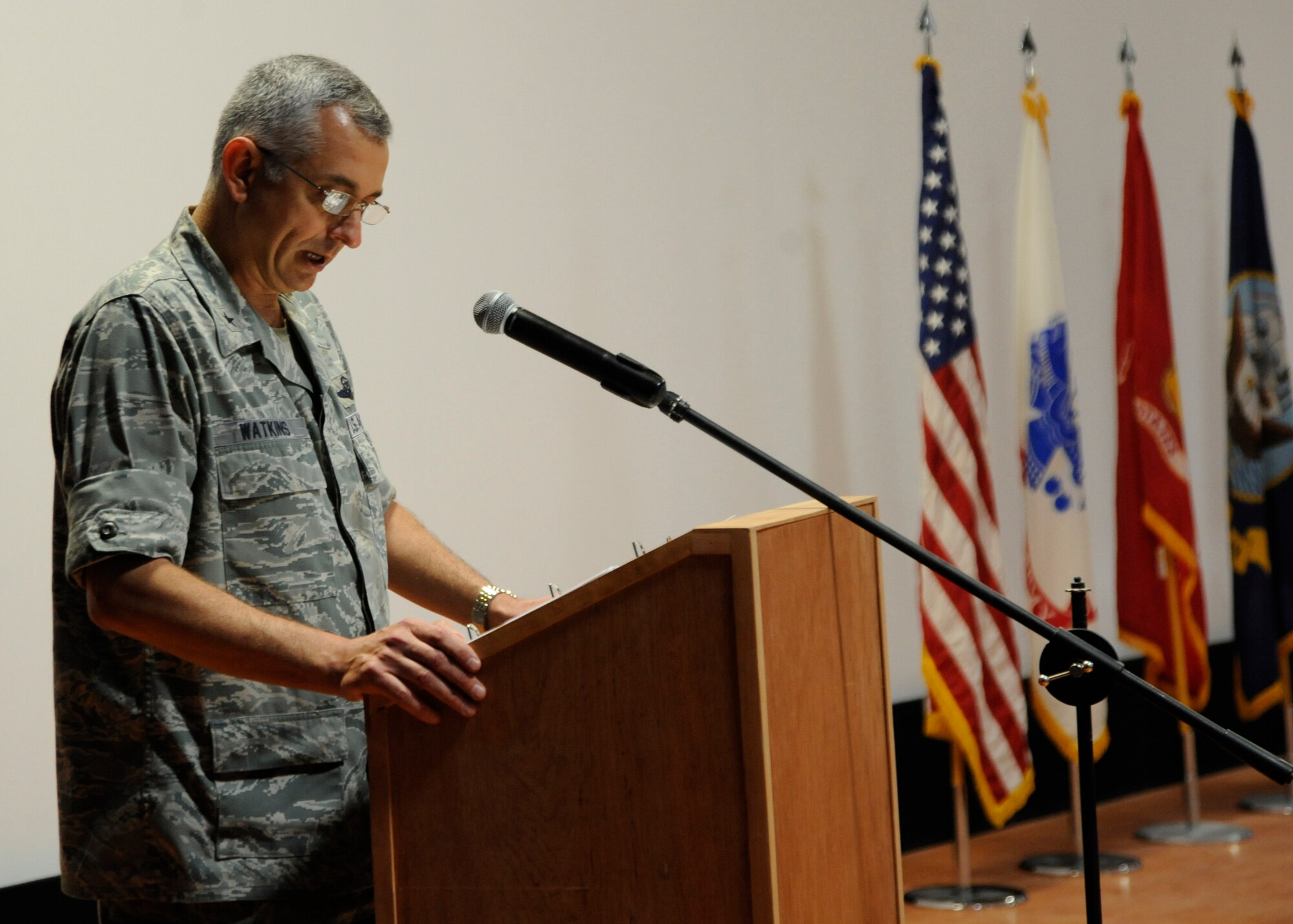 Brig. Gen. Roger H. Watkins reads President George Washington’s Thanksgiving proclamation during the Interfaith Thanksgiving service at the 379th Air Expeditionary Wing in Southwest Asia, Nov. 28, 2013. The Victory Chapel staff put together the Thanksgiving celebration, to bring together deployed service personnel of all religious faiths.  Watkins is the 379th Air Expeditionary Wing commander here on a two-year tour and hails from Fort Worth, Texas. (U.S. Air Force photo/Senior Airman Bahja J. Jones) 