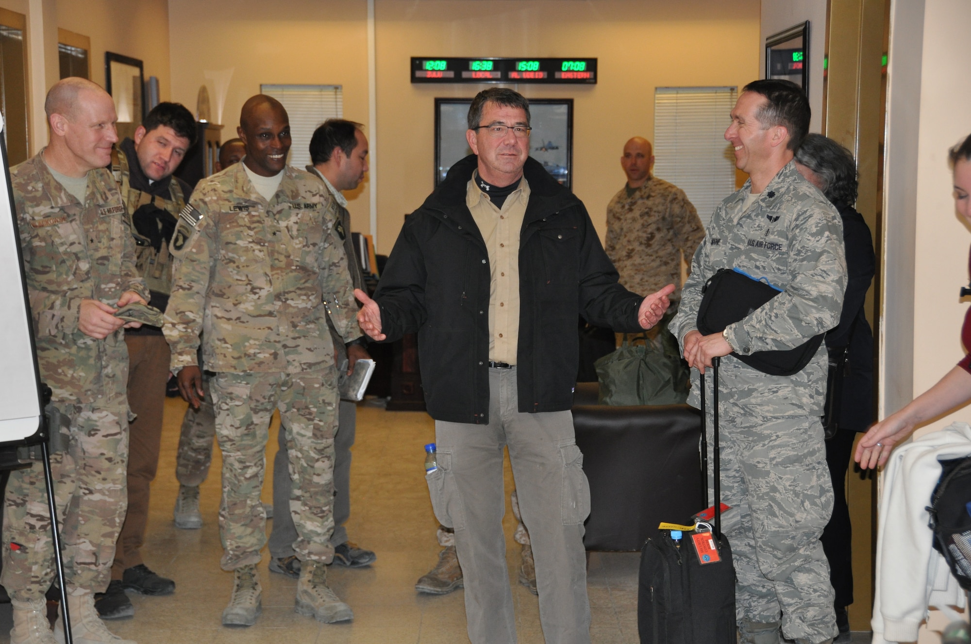 Mr. Ashton Carter, U.S. Deputy Secretary of Defense, greets 455th Air Expeditionary Wing staff agency members during a Thanksgiving day visit at Bagram Airfield, Afghanistan, Nov. 28, 2013. (U.S. Air Force Photo/Tech. Sgt. Rob Hazelett)