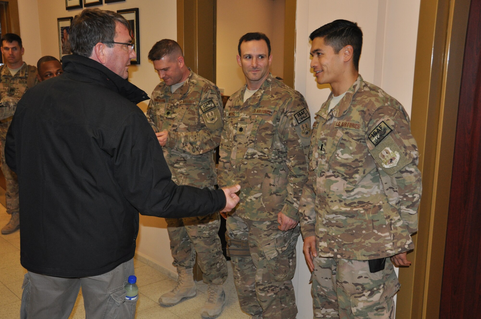 Mr. Ashton Carter, U.S. Deputy Secretary of Defense, greets 455th Air Expeditionary Wing staff agency members during a Thanksgiving day visit at Bagram Airfield, Afghanistan, Nov. 28, 2013. (U.S. Air Force Photo/Tech. Sgt. Rob Hazelett)