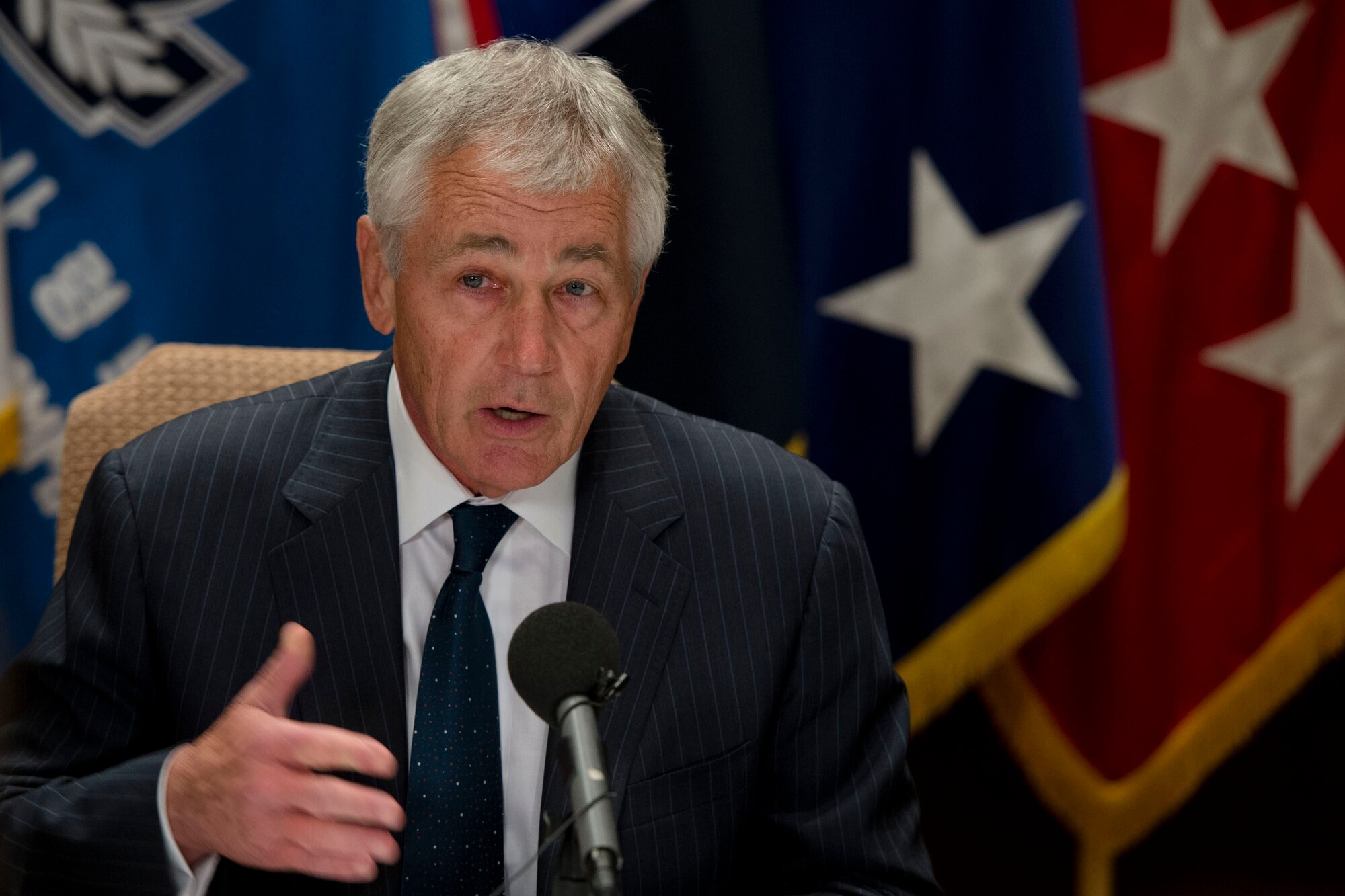 Secretary of Defense Chuck Hagel briefs the press Oct. 1, 2013, in Seoul, South Korea. Hagel answered question regarding the government shutdown and how the Defense Department would structure the department through the furlough.  