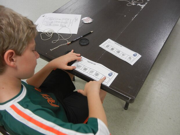 Fifth-grader Luke takes his own fingerprints to find out which of the three basic types of fingerprints he has. Students attending the Crime Scene Investigator Workshop put on by the Tiger Woods Learning Center at the Quantico Youth Center on Sept. 21, 2013, also learned how investigators once used body measurements to identify suspects. 
