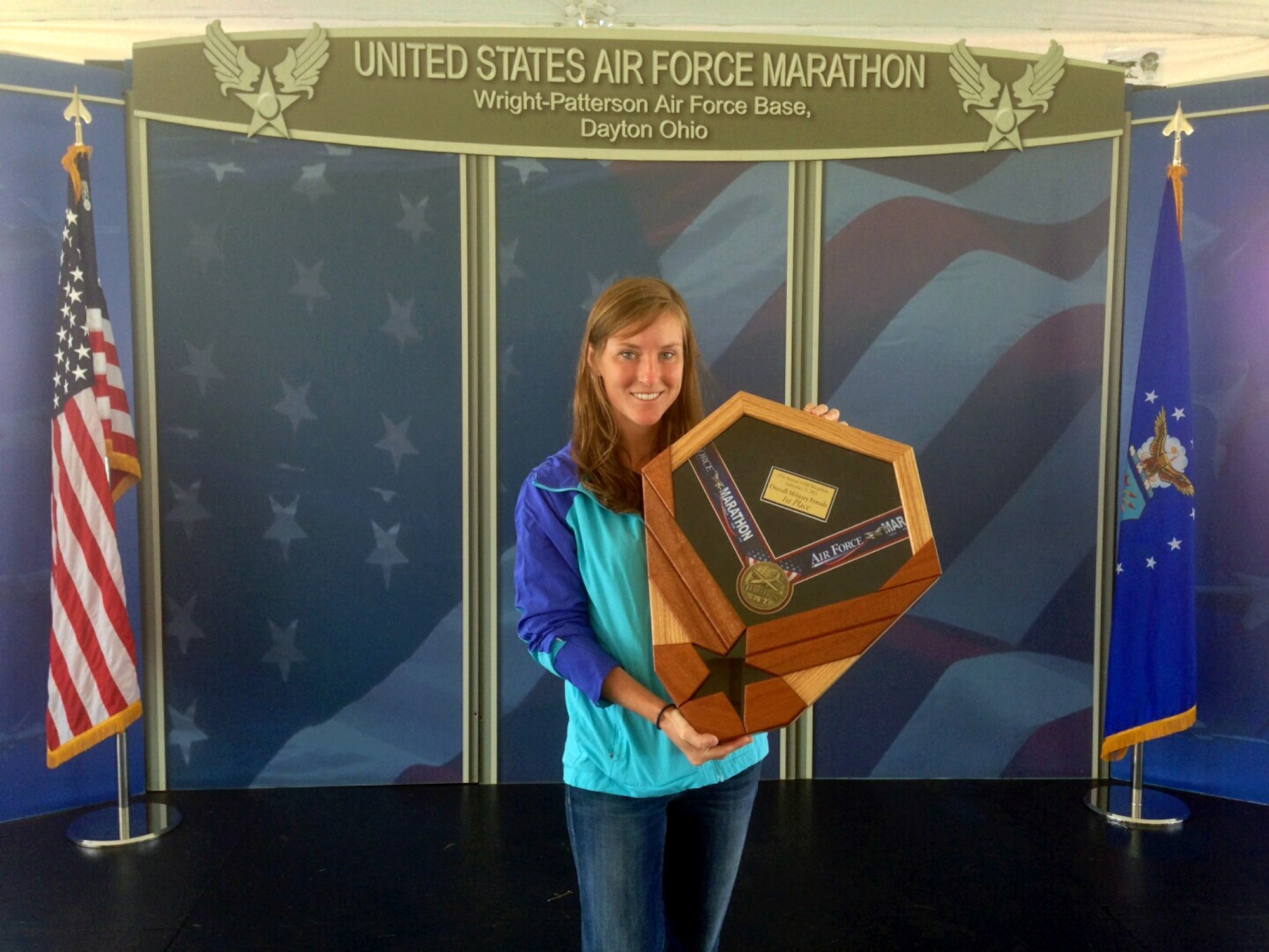 WRIGHT-PATTERSON AFB, Ohio – Peterson’s own 2nd Lt. Sarah Auer, 21st Civil Engineer Squadron operations facility engineer, represented Headquarters Air Force Space Command at the 2013 AF Marathon on Sept. 21 at Wright-Patterson Air Force Base, Ohio. Auer took first place with a time of 3:04:53 in the full-marathon category for active-duty females, and was only nine seconds behind the overall female finisher. (Courtesy photo)